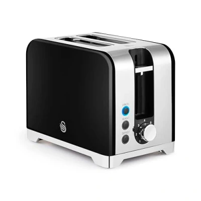 Image of Swan ST19031BLK Solace 2 Slice Toaster, Premium High Gloss Finish, 7 Browning Levels, Defrost, Reheat and Cancel Functions, Non Slip Feet, Self Centring Function, 930W, Black