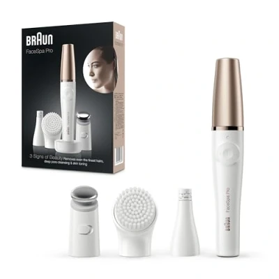 Image of Braun FaceSpa Facial Epilator for Women, Hair Removal with Cleansing Brush Head, Toning Head &amp; Charger Stand, Wet Dry, SE911, White/Bronze