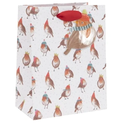 Image of Glick Luxury Christmas Bag, Medium Xmas Gifts, Bag for Wrapping, Cosy Robins on White
