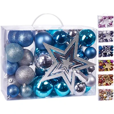 Image of BRUBAKER 50 Piece Set Christmas Balls with Tree Top Baubles Decorations in Blue Silver