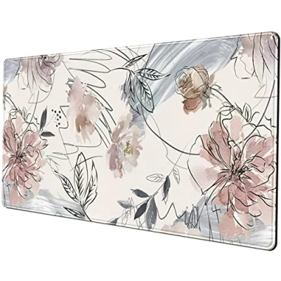 Image of Desk Mat, Abstraction Hand Painted Flowers Extended Gaming Mouse Pad (31.5x15.75 in), Cute Large Non Slip Rubber Base Mousepad with Stitched Edges, Keyboard Mat for Game Office