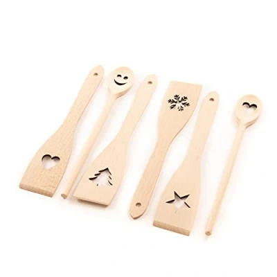 Image of tuuli Kitchen 6 Piece Wooden Cooking Spoons Spatulas Utensil Set with Motives (30cm Lenght)