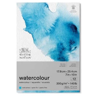 Image of Winsor and Newton Watercolour Paper Pad, 17.8 x 25.4 cm, 12 Sheets, 300 g/m�, Glue Bound, Cold Pressed, Acid , Mixture of 25 Percent Cotton Cellulose Fibres, Natural White