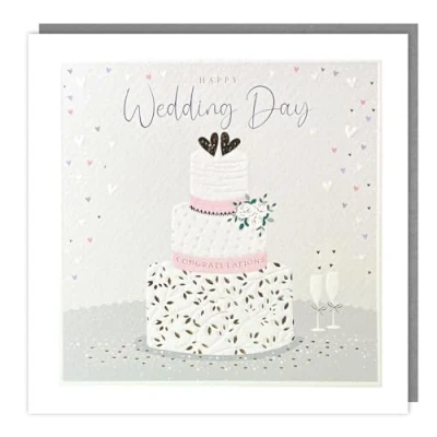 Image of Wedding Congratulations Card Happy Day Cake and Love Hearts Special Finishes Made in the UK Eco Friendly