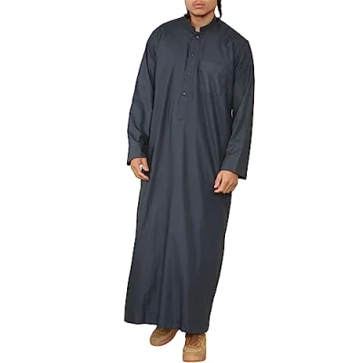 Image of Mens Thobe Jubba Nehru Stand Collar Islamic Clothing Muslim Cotton Kaftan Dress Robe Saudi Charcoal XXL 60