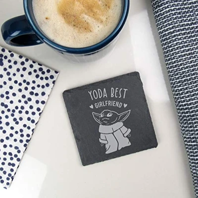 Image of eBuyGB Personalised Square Slate Coaster, Engraved Baby Yoda Star Wars Themed Drinks Mat, Funny Gifts for Partner (Yoda Best Girlfriend)