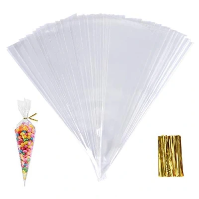 Image of SHOKUTO 100Pcs Cone Bags, 25 x 13cm Clear Cello Treat Bags with Gold Twist Ties, Sweet Transparent Cellophane Triangle Goody Bag for Party Candy Snacks Chocolates Popcorn Cookies
