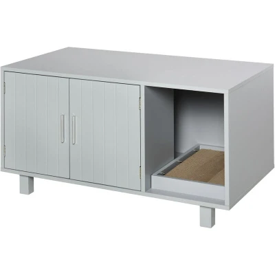 Image of PawHut Wooden Cat Litter Box Enclosure &amp; House with Nightstand/End Table Design, Scratcher, Magnetic Doors, Grey