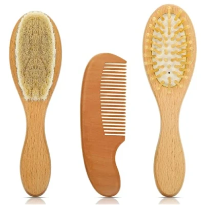 Image of 3 Pieces Baby Hair Brush &amp; Comb Set, Infants and Toddlers Natural Wooden Hairbrush with Soft Goat Bristles for Cradle Cap Massage, Shower Scalp Grooming