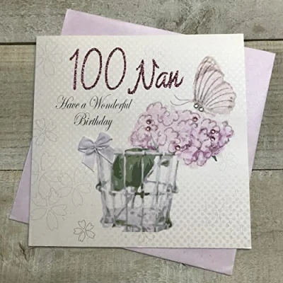 Image of WHITE COTTON CARDS Nan 100th Birthday Card,Peonies &amp; Butterflies Handfinished (PDA100 nan)