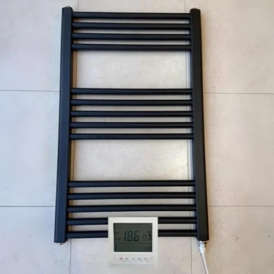Image of Greened House 500w x 800h Black Electric Straight Heated Bathroom Towel Rail + Timer and Room Thermostat