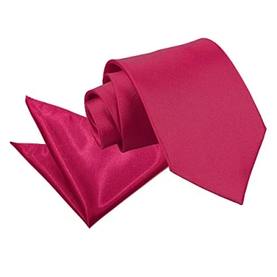Image of DQT Plain Glossy Satin Polyester Wedding Classic Neck Tie and Pocket Square Set for Men in Crimson Red