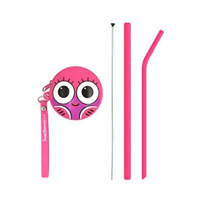 Image of Sweet Dreamers, ECO Friendly Bendies Reusable Silicone Kids Straws in Fun Character Pouch with Cleaning Tool Pink Tilly Fish
