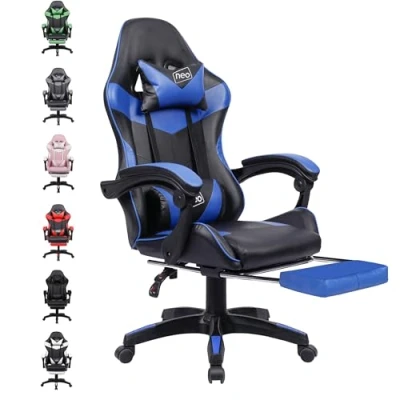 Image of Neo Executive PU Leather Massage Sport Racing Gaming Home Office Computer Chair Lumbar Back Support Footrest (Blue)