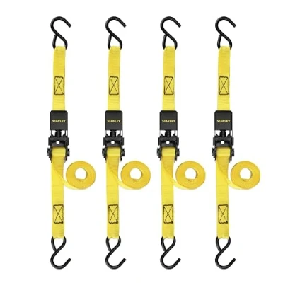 Image of STANLEY S9500 Black/Yellow 1&quot; x 10&#039; Ratchet Straps Light Cargo (300 lb Working Load / 900 Break Strength), 4 Pack