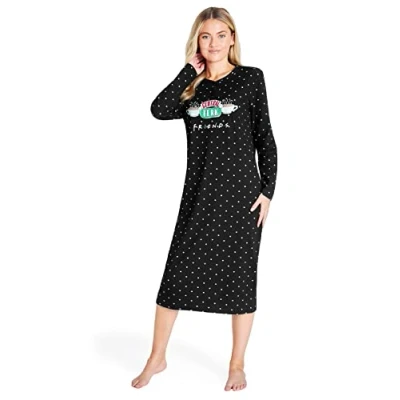 Image of FRIENDS Nighties for Women and Teenagers Soft Breathable Nightwear Long Sleeve Nightshirts Lounge Wear Sizes S 2XL Sleepwear Nightgown Official Merchandise (S, Black)