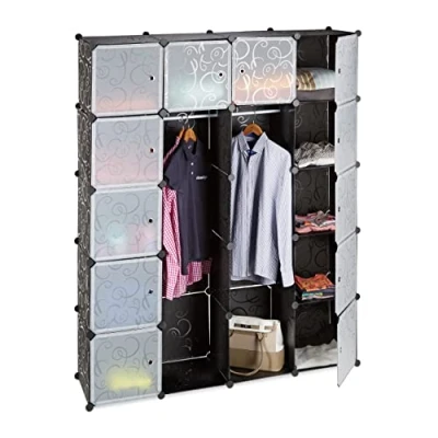 Image of Relaxdays 14 Compartment Shelving Unit Wardrobe, Modular Plug In Plastic Shelf, 2 x Clothes Rails, Black