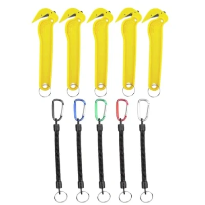 Image of Yellow Box Cutter 5 Pack with Coil Key Chains, Cardboard Cutter, Warehouse, Opener, Spiral Keychain, Chain, Stretchy Keyring Clip, Ring Chain