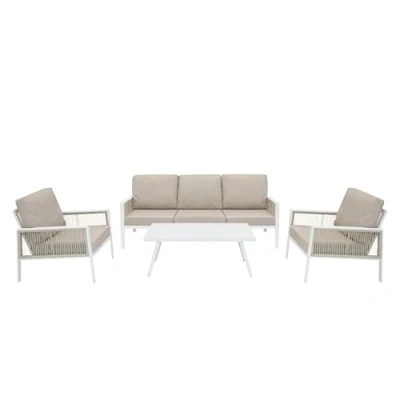 Image of Garden Aluminium Furniture Set 5 Seat White 4 Piece Rattan Alternative Outdoor Patio Lounge Dining 3 Seater Sofa 2 Armchairs Coffee Table Weather Proof Cushions Washable Covers Waterproof Rain Cover