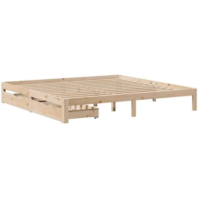 Image of vidaXL Solid Pine Wood Bedstead with Drawers 200x200 cm Slatted Base &amp; Storage Easy Assembly Modern Bedroom Furniture