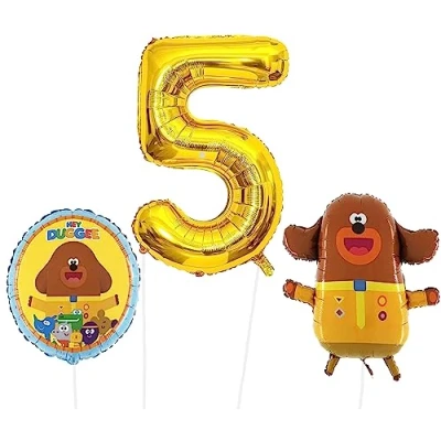 Image of Toyland® Hey Duggee Foil Balloon Pack 1 x 25&quot; Character Shape Balloon, 18&quot; Round &amp; 40&quot; Number Kids Party Decorations