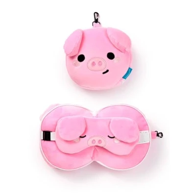 Image of Puckator Relaxeazzz Adoramals Oliver the Pig Plush Travel Pillow &amp; Eye Mask Sleep Masks Kids Accessories For Sleeping Airplane Flight Plane Neck Pillows