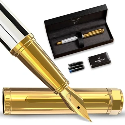 Image of Ellington Pens Luxury Fountain Pen Set for Writing Smooth Medium Nib Includes Refillable Ink Converter, 3 Cartridges [Black &amp; Blue], Gift Box Elegant Calligraphy