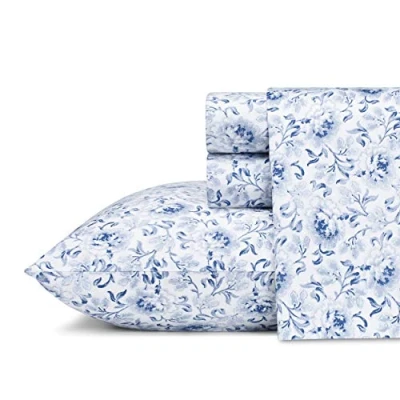 Image of Laura Ashley Home King Sheets, Soft Sateen Cotton Bedding Set Sleek, Smooth, &amp; Breathable Decor (Lorelei Dark Blue, King)