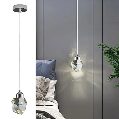 Image of Modern Crystal Pendant Light, 3 Color LED Adjustable Height Chrome Silver Ceiling Hanging Lamp, for Kitchen Island Bedroom Dining Room (Silver)
