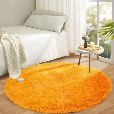Image of Aspire Homeware Round Rugs Living Room Ochre Area for Bedroom 120x120cm Anti Slip Modern Super Soft Thick Pile Small Fluffy Shaggy Rug Non Shedding
