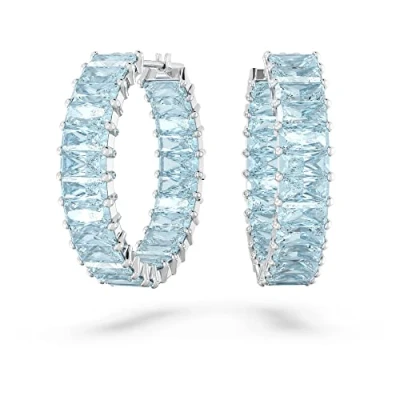 Image of Swarovski Matrix hoop earrings, Baguette cut, Blue, Rhodium plated