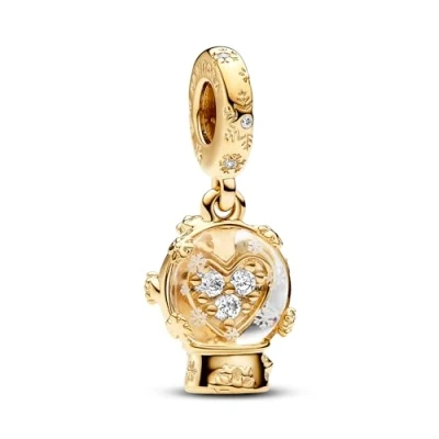 Image of Pandora Moments Heart wings snowglobe 14k gold plated dangle with clear cubic zirconia and snow flake Murano glass