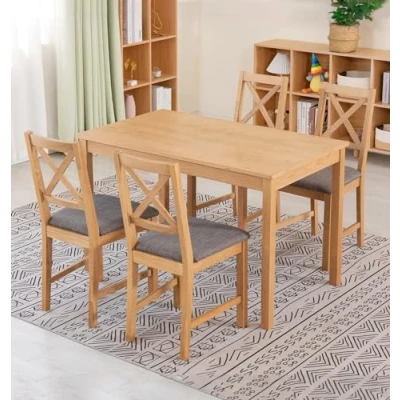 Image of Hallowood Furniture Waverly Oak Dining Table and Chair Set of 4, Small (120x70cm) &amp; Cross Back Chairs with Grey Seat, Wooden for Home, Cafe