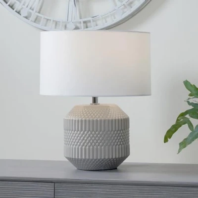 Image of Pacific Lifestyle Grey Geometric Textured Short Ceramic Table Lamp Modern Lamps for Living Room Scandi Neutral Muted Geo Embossed with White Drum Shade