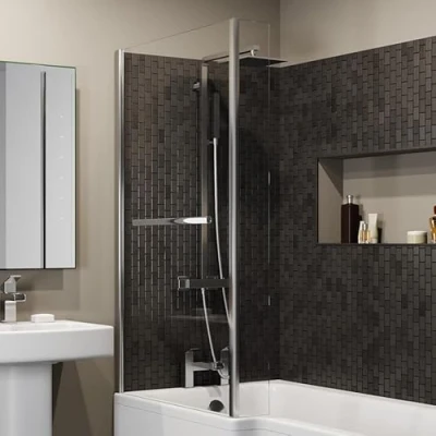 Image of Luxura® 1430 x 780mm Chrome Over Bath Shower Screen with Towel Rail Fixed Return Panels &amp; Screens for Baths Bathroom Frameless L Shape 5mm Glass