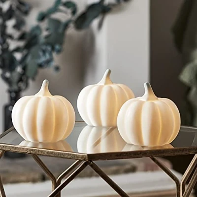 Image of Lights4fun Set of 3 White Ceramic Pumpkins Battery Operated LED Autumn Halloween Light Up Decorations 9cm