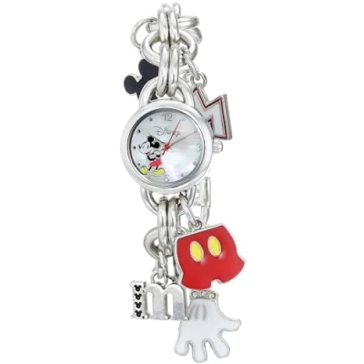 Image of Accutime Disney Mickey Mouse Silver Tone Charm Bracelet Quartz Watch for Girls &amp; Women of All Ages, Round, Movement