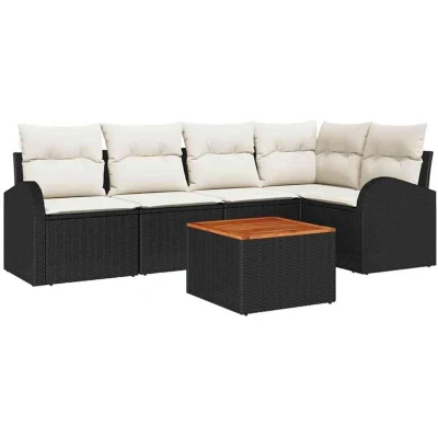 Image of vidaXL 6 Piece Garden Sofa Set with Cushions Black Poly Rattan Acacia