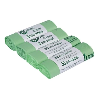 Image of 30 Litre x 40 All Green Compostable Bags Kitchen Kerbside Caddy Liner Food Waste Bin Liners EN 13432 30L with Composting Guide