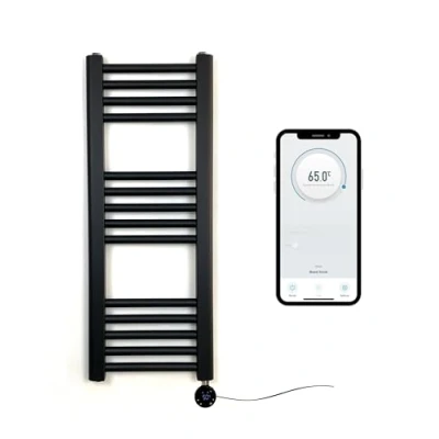 Image of Greened House Matt Black Electric Smart WiFi Controlled Heated Towel Rail 300mm W x 800mm H 7 Day Programmable Timer App Compatibility