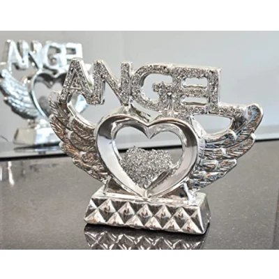 Image of DEENZ Silver Crushed Diamond Angel Heart With Wings Sparkle Ornament Lovely Display Handmade Craft Home Decor, Wedding Anniversary, Birthday Present, Gift For Your Love