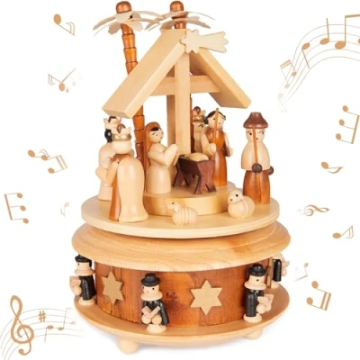 Image of BRUBAKER Wooden Music Box Nativity with Jesus, Mary and Joseph Melody: Silent Night 7.5 inches (19 cm) Christmas Carousel Star of Bethlehem Carol Singers Brown Nature