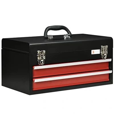 Image of DURHAND 2 Drawer Tool Chest, Lockable Metal Box with Ball Bearing Runners, Portable Toolbox, 460mm x 240mm 220mm, Black