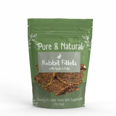 Image of Pure &amp; Natural Superfoods Air Dried Rabbit Fillets Treats with Apple Kale Healthy Dog Snacks and Immune Support 100g