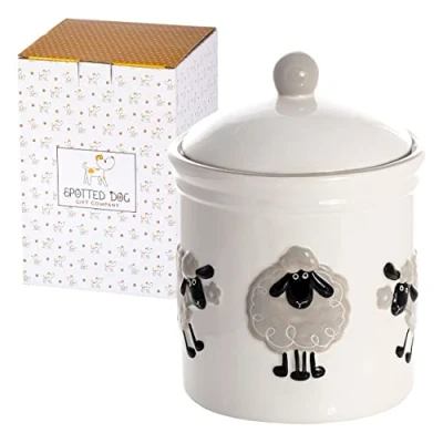 Image of SPOTTED DOG GIFT COMPANY Ceramic Storage Jar, Cute Kitchen Canister for Tea Coffee Sugar Treats, Animal Themed Home Decor Accessories, Gifts Sheep Lovers Women Men, White 1.25L