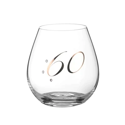 Image of DIAMANTE Swarovski 60th Birthday Stemless Wine Gin Glass Single Crystal with Platinum 60 Embossed and Crystals Gift Boxed