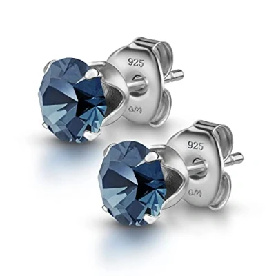 Image of Amberta Women&#039;s 925 Sterling Silver Lumini Crystal Blue Collection Stud Earrings: Dark Denim
