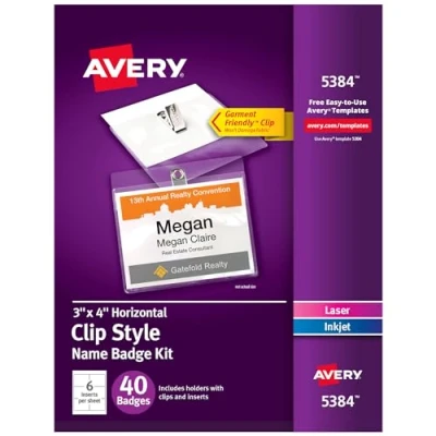 Image of Avery Customizable Name Badges with Clips, 3&quot; x 4&quot;, Clear Tag Holders White Printable Inserts, 40 Clip Style (5384)