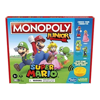 Image of MONOPOLY Junior Super Mario Edition Board Game, Fun Kids&#039; Game Ages 5 and Up, Explore The Mushroom Kingdom as Mario, Peach, Yoshi, or Luigi