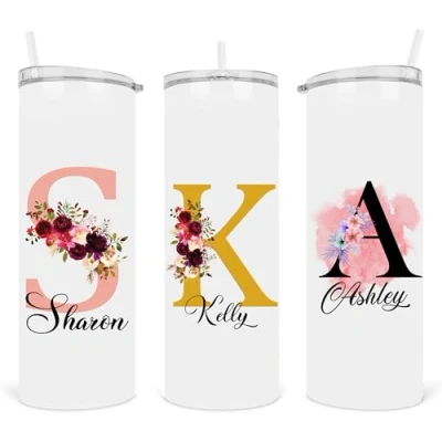 Image of EKAM Personalised Floral Tumbler Stylish Initial with Name Travel Coffee Mug, 20oz Stainless Steel Cup Straw and Lid, Custom Gift for Christmas Day, Birthday, Any Occasion